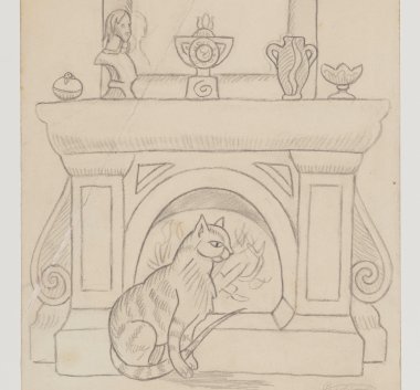 Rysunek przedstawiający kota przed kominkiem.