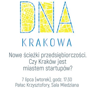 Grafika promująca wydarzenie. Słowo DNA wpisane w tkankę Krakowa.