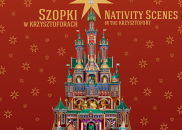 Kolorowa fotografia Szopki Krakowskiej na tle pomarańczowego tła z gwiazdami.