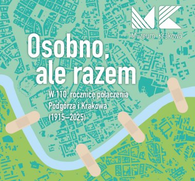 Kolorowa grafika promująca wystawę. Mapa Krakowa i Podgórza.