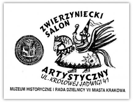 Grafika. Na niej napis: Zwierzyniecki salon artystyczny. Ulica Królowej Jadwigi 41. Muzeum Historyczne i Rada Dzielnicy VII Miasta Krakowa. Duży rysunek Lajkonika oraz znak graficzny Gminy Dzielnicy Zwierzynieckiej.