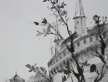 Obraz przedstawiający Barbakan i Bramę Floriańską.