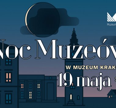 Kolorowa grafika. Rysunki budynków oddziałów Muzeum Krakowa w nocnej scenerii.