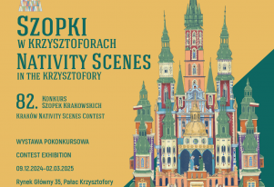 Kolorowa grafika promująca wystawę. Szopka krakowska.