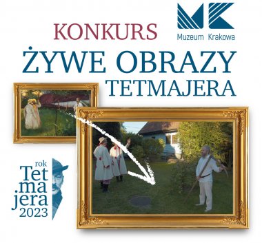 Kolorowa grafika. Obraz Włodzimierza Tetmajera oraz odtworzona scena w postaci fotografii.