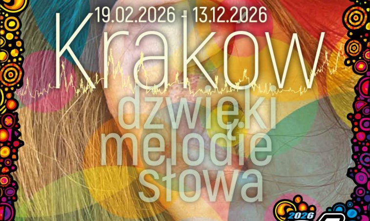 Kolorowa grafika promująca wystawę "Kraków. Dźwięki, melodie, słowa".